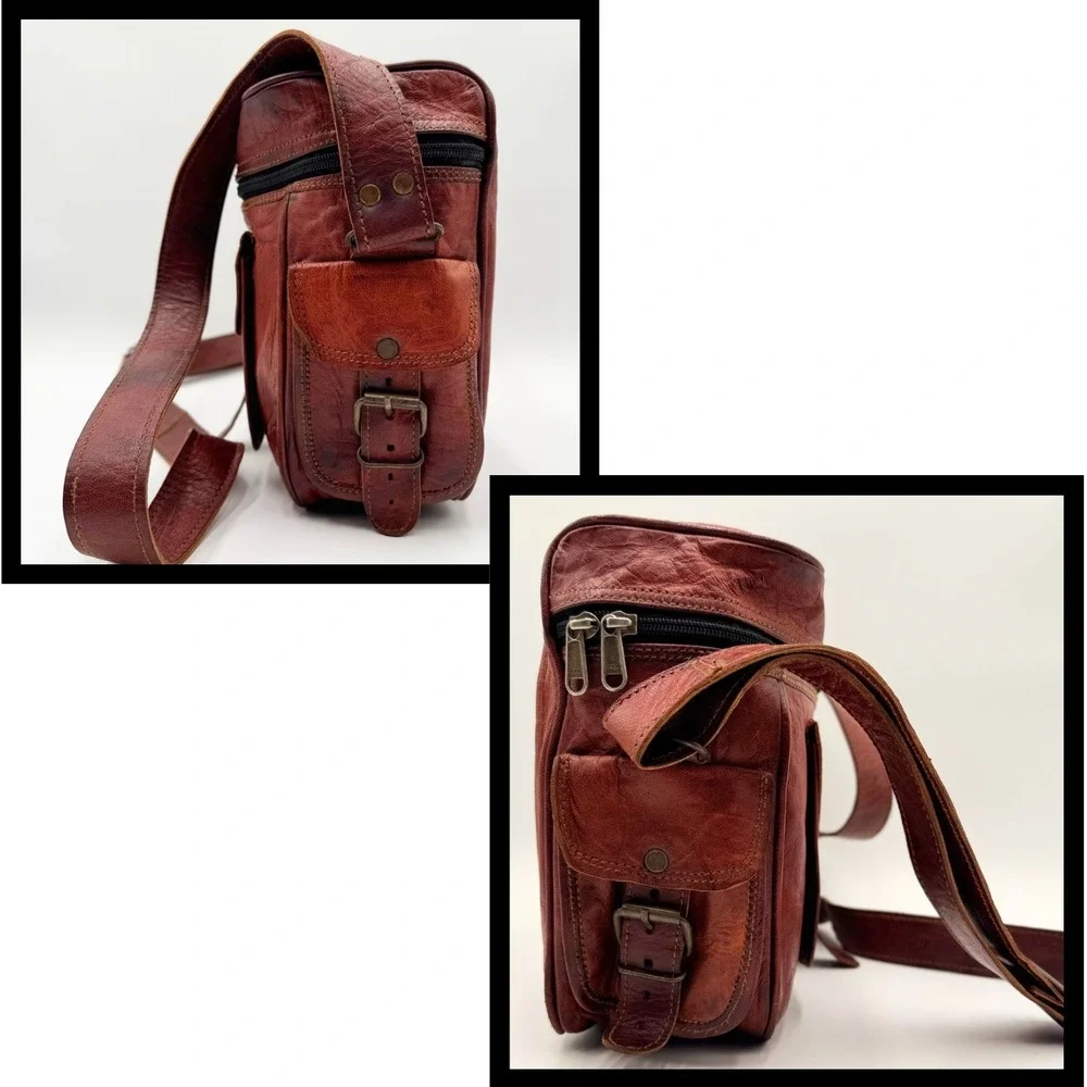 Brown Leather Camera Bag Messenger Crossbody Shoulder Bag Satchel Unisex Brown